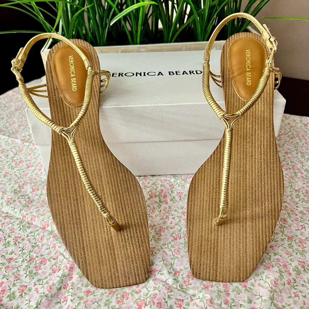 VERONICA BEARD Amelia Gold Ridged Wood Thong Sandal Size 12 - Picture 4 of 10